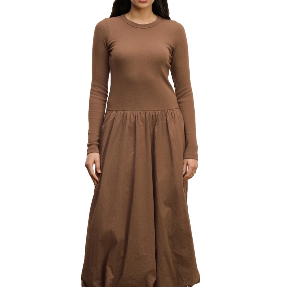 NWT Urban Revivo Midi Dress With Poplin Skirt Size 10 Brown Long Sleeve